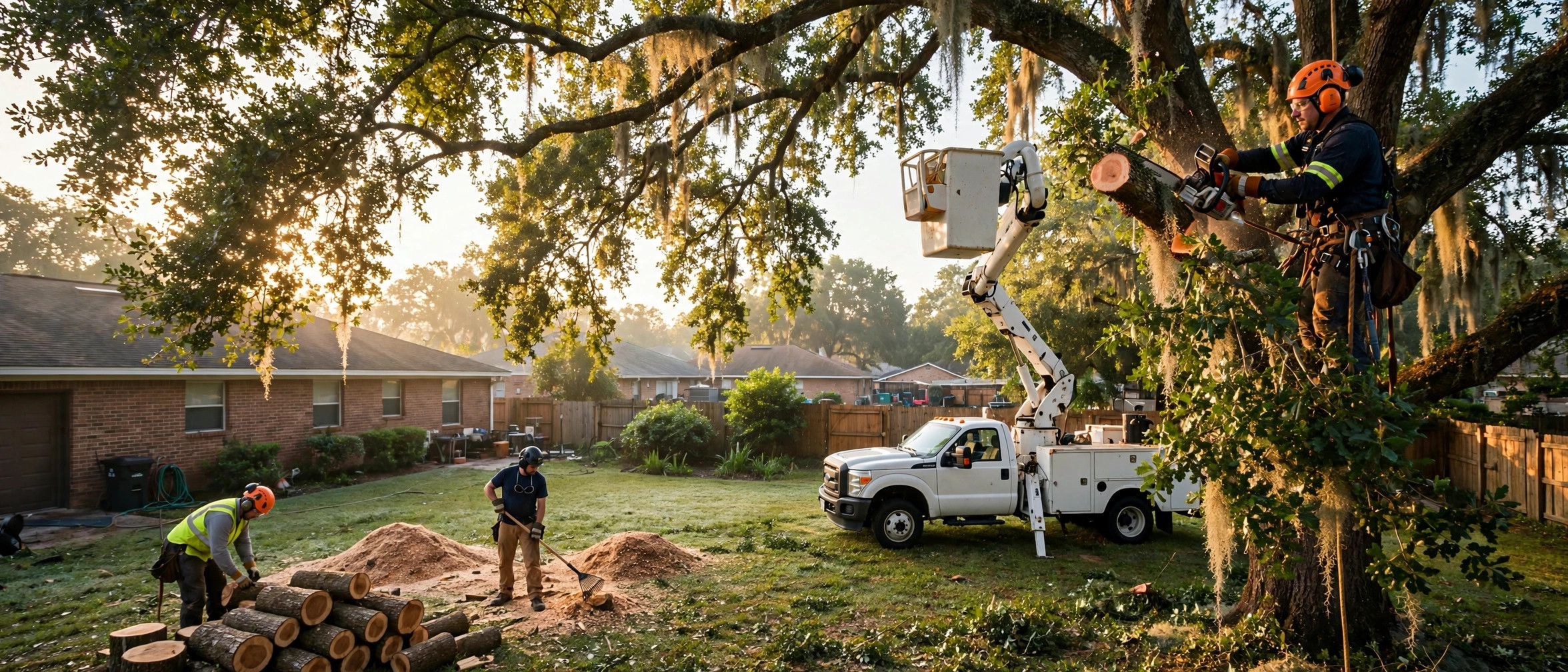 Chavez Trees crew trimming a large live oak with a bucket truck in a Houston backyard at sunrise