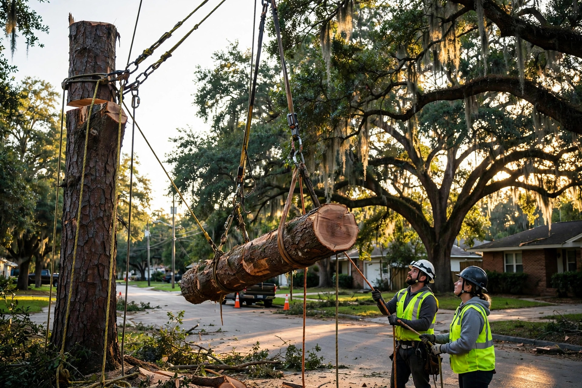 Crew lowering a large cut log with ropes during a controlled tree removal on a residential street