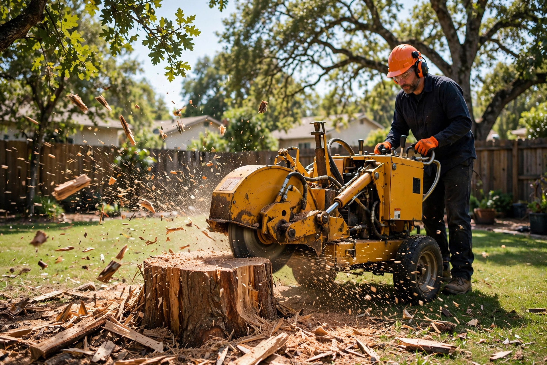Stump grinder chewing down a large tree stump with wood chips flying in a backyard