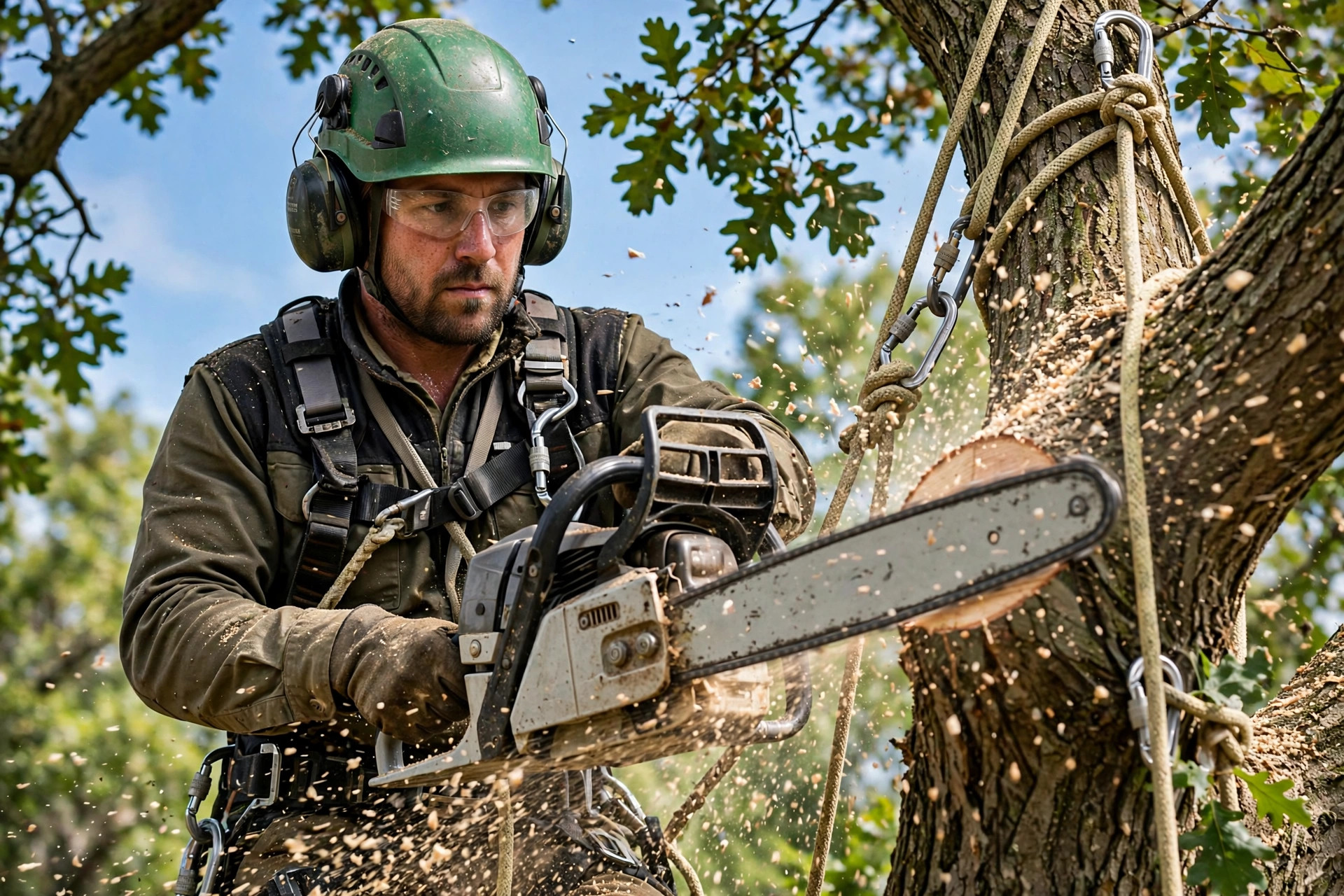 Arborist in a harness and hard hat cutting a limb with a chainsaw high in an oak tree